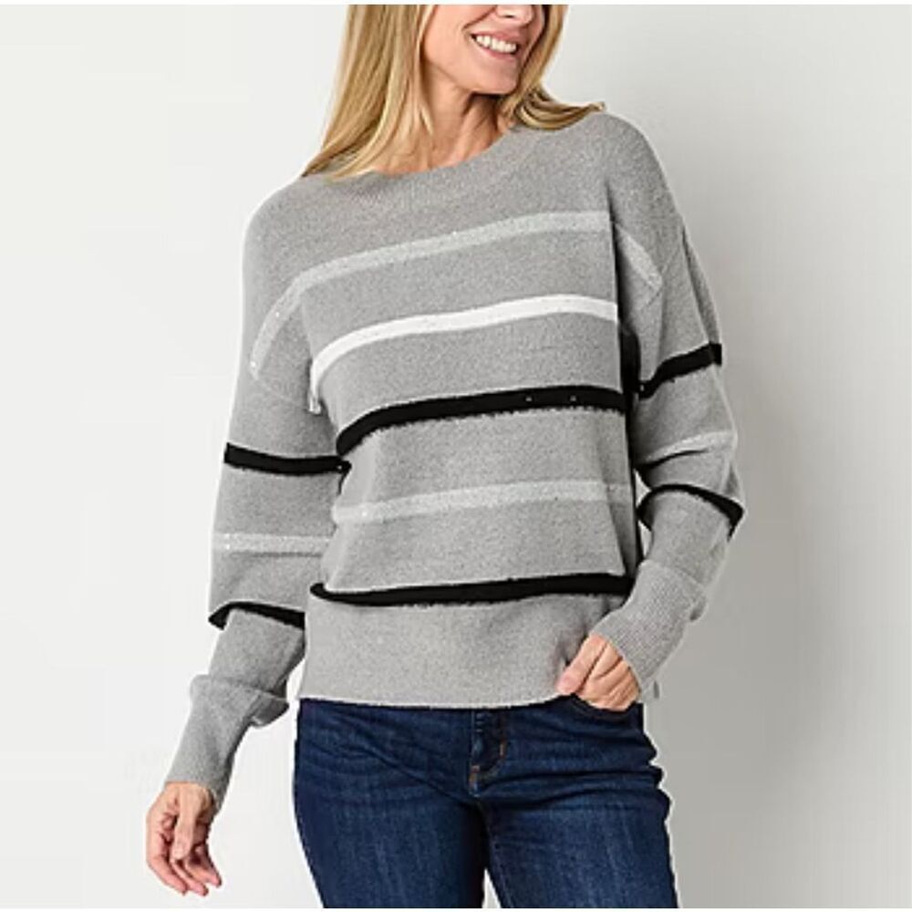 LIZ CLAIBORNE Womens Sweater XXL Crew Neck Long Sleeve Striped Pullover Gray NEW
